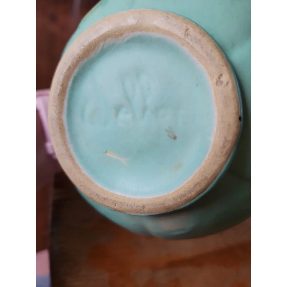 Vintage Weller Art Pottery Wild Rose Matte Green / Blue Basket Vase